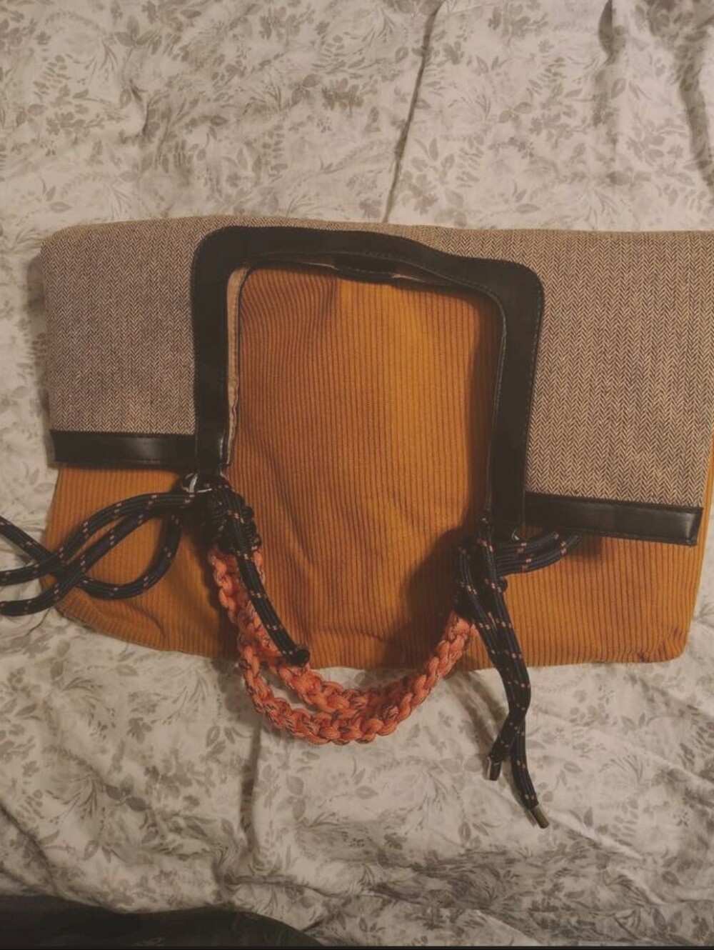 Corduroy Tote Bag with Navy Rope Strap - Mustard - Picture 5 of 5